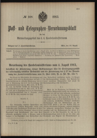 Post- und Telegraphen-Verordnungsblatt für das Verwaltungsgebiet des K.-K. Handelsministeriums 19130830 Seite: 1