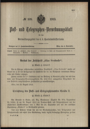 Post- und Telegraphen-Verordnungsblatt für das Verwaltungsgebiet des K.-K. Handelsministeriums 19130904 Seite: 1