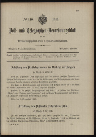 Post- und Telegraphen-Verordnungsblatt für das Verwaltungsgebiet des K.-K. Handelsministeriums 19130906 Seite: 1