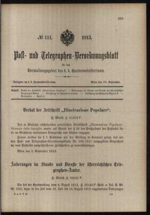 Post- und Telegraphen-Verordnungsblatt für das Verwaltungsgebiet des K.-K. Handelsministeriums 19130910 Seite: 1