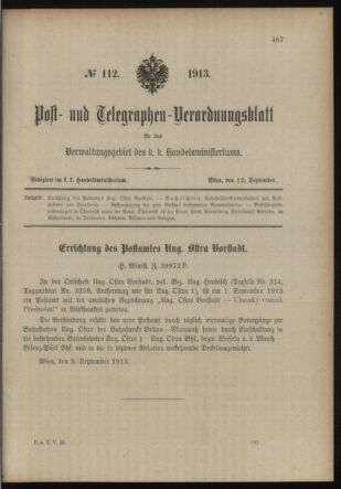 Post- und Telegraphen-Verordnungsblatt für das Verwaltungsgebiet des K.-K. Handelsministeriums 19130912 Seite: 1