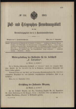 Post- und Telegraphen-Verordnungsblatt für das Verwaltungsgebiet des K.-K. Handelsministeriums 19130917 Seite: 1