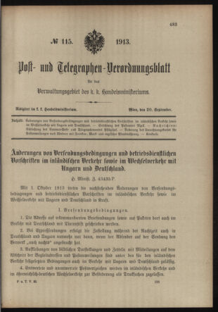 Post- und Telegraphen-Verordnungsblatt für das Verwaltungsgebiet des K.-K. Handelsministeriums 19130920 Seite: 1