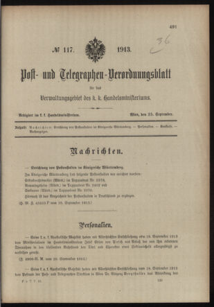 Post- und Telegraphen-Verordnungsblatt für das Verwaltungsgebiet des K.-K. Handelsministeriums 19130925 Seite: 1