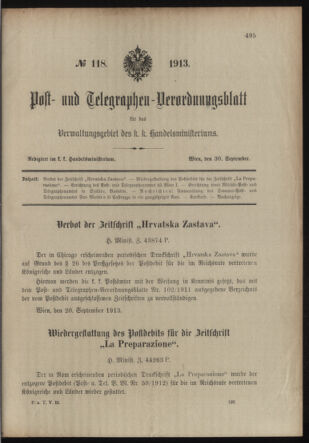 Post- und Telegraphen-Verordnungsblatt für das Verwaltungsgebiet des K.-K. Handelsministeriums 19130930 Seite: 1