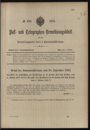 Post- und Telegraphen-Verordnungsblatt für das Verwaltungsgebiet des K.-K. Handelsministeriums 19131007 Seite: 1