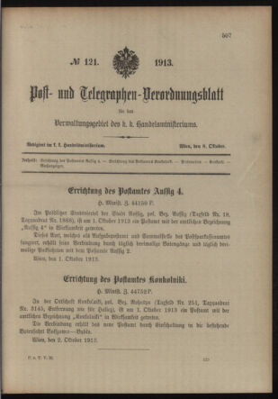 Post- und Telegraphen-Verordnungsblatt für das Verwaltungsgebiet des K.-K. Handelsministeriums 19131008 Seite: 1