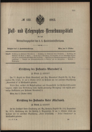 Post- und Telegraphen-Verordnungsblatt für das Verwaltungsgebiet des K.-K. Handelsministeriums 19131009 Seite: 1