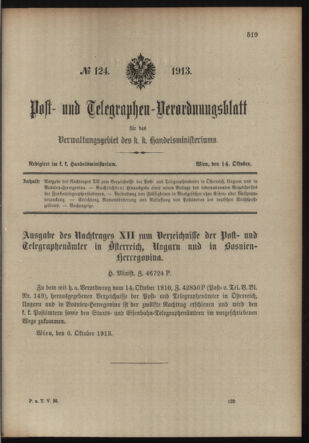 Post- und Telegraphen-Verordnungsblatt für das Verwaltungsgebiet des K.-K. Handelsministeriums 19131014 Seite: 1