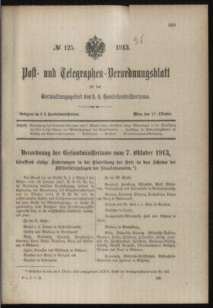 Post- und Telegraphen-Verordnungsblatt für das Verwaltungsgebiet des K.-K. Handelsministeriums 19131017 Seite: 1