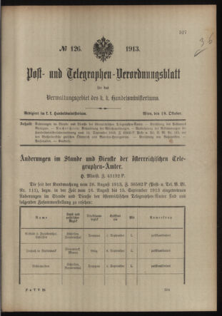 Post- und Telegraphen-Verordnungsblatt für das Verwaltungsgebiet des K.-K. Handelsministeriums 19131018 Seite: 1