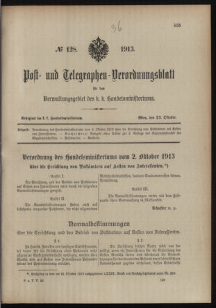 Post- und Telegraphen-Verordnungsblatt für das Verwaltungsgebiet des K.-K. Handelsministeriums 19131023 Seite: 1