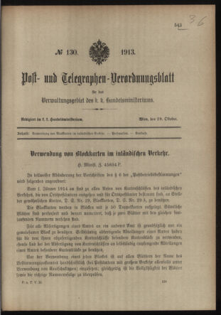 Post- und Telegraphen-Verordnungsblatt für das Verwaltungsgebiet des K.-K. Handelsministeriums 19131028 Seite: 1