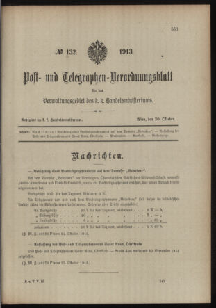 Post- und Telegraphen-Verordnungsblatt für das Verwaltungsgebiet des K.-K. Handelsministeriums 19131030 Seite: 1