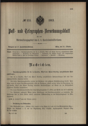 Post- und Telegraphen-Verordnungsblatt für das Verwaltungsgebiet des K.-K. Handelsministeriums 19131031 Seite: 1