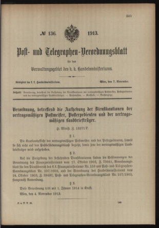 Post- und Telegraphen-Verordnungsblatt für das Verwaltungsgebiet des K.-K. Handelsministeriums 19131107 Seite: 1