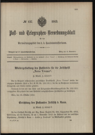 Post- und Telegraphen-Verordnungsblatt für das Verwaltungsgebiet des K.-K. Handelsministeriums 19131108 Seite: 1