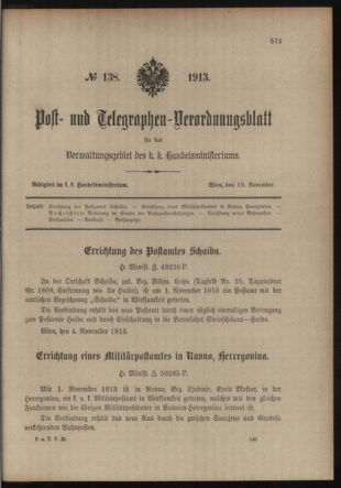 Post- und Telegraphen-Verordnungsblatt für das Verwaltungsgebiet des K.-K. Handelsministeriums 19131110 Seite: 1