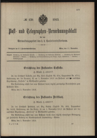 Post- und Telegraphen-Verordnungsblatt für das Verwaltungsgebiet des K.-K. Handelsministeriums 19131111 Seite: 1