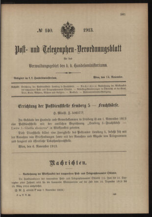 Post- und Telegraphen-Verordnungsblatt für das Verwaltungsgebiet des K.-K. Handelsministeriums 19131114 Seite: 1