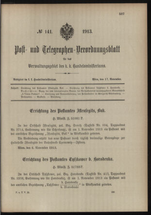 Post- und Telegraphen-Verordnungsblatt für das Verwaltungsgebiet des K.-K. Handelsministeriums 19131117 Seite: 1