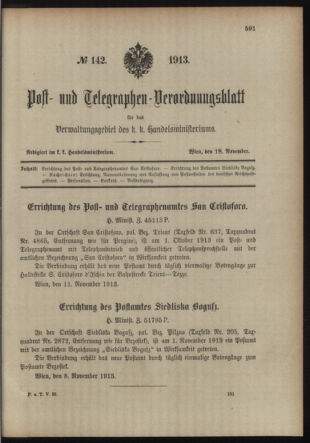 Post- und Telegraphen-Verordnungsblatt für das Verwaltungsgebiet des K.-K. Handelsministeriums 19131118 Seite: 1