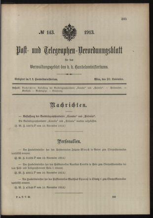 Post- und Telegraphen-Verordnungsblatt für das Verwaltungsgebiet des K.-K. Handelsministeriums 19131120 Seite: 1