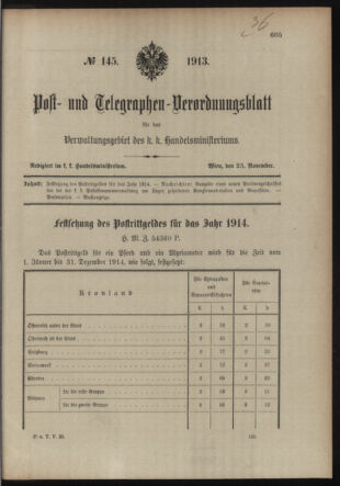 Post- und Telegraphen-Verordnungsblatt für das Verwaltungsgebiet des K.-K. Handelsministeriums 19131125 Seite: 1