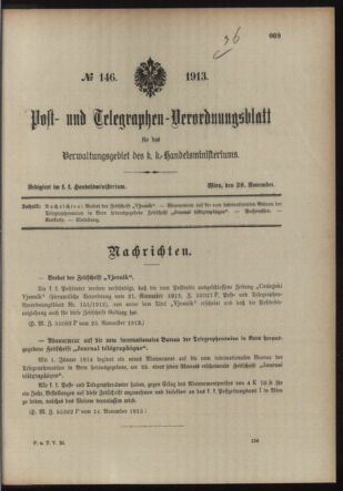 Post- und Telegraphen-Verordnungsblatt für das Verwaltungsgebiet des K.-K. Handelsministeriums 19131128 Seite: 1