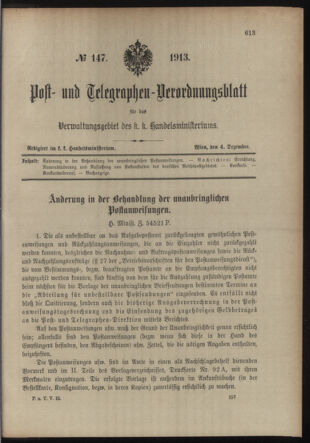 Post- und Telegraphen-Verordnungsblatt für das Verwaltungsgebiet des K.-K. Handelsministeriums 19131204 Seite: 1