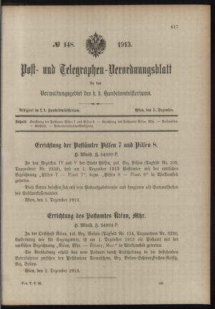 Post- und Telegraphen-Verordnungsblatt für das Verwaltungsgebiet des K.-K. Handelsministeriums 19131205 Seite: 1