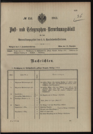 Post- und Telegraphen-Verordnungsblatt für das Verwaltungsgebiet des K.-K. Handelsministeriums 19131212 Seite: 1