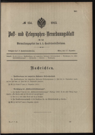 Post- und Telegraphen-Verordnungsblatt für das Verwaltungsgebiet des K.-K. Handelsministeriums 19131217 Seite: 1