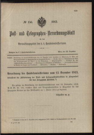 Post- und Telegraphen-Verordnungsblatt für das Verwaltungsgebiet des K.-K. Handelsministeriums 19131222 Seite: 1