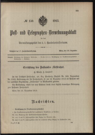 Post- und Telegraphen-Verordnungsblatt für das Verwaltungsgebiet des K.-K. Handelsministeriums 19131230 Seite: 1