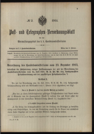 Post- und Telegraphen-Verordnungsblatt für das Verwaltungsgebiet des K.-K. Handelsministeriums 19140103 Seite: 1