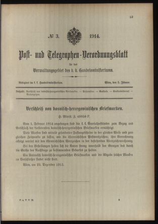 Post- und Telegraphen-Verordnungsblatt für das Verwaltungsgebiet des K.-K. Handelsministeriums 19140105 Seite: 1