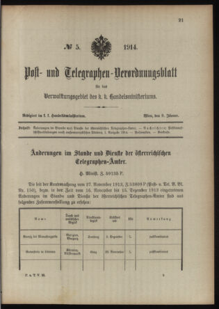 Post- und Telegraphen-Verordnungsblatt für das Verwaltungsgebiet des K.-K. Handelsministeriums 19140109 Seite: 1