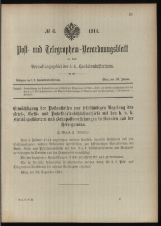 Post- und Telegraphen-Verordnungsblatt für das Verwaltungsgebiet des K.-K. Handelsministeriums 19140110 Seite: 1