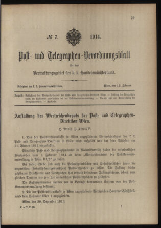 Post- und Telegraphen-Verordnungsblatt für das Verwaltungsgebiet des K.-K. Handelsministeriums 19140112 Seite: 1