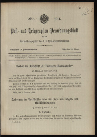 Post- und Telegraphen-Verordnungsblatt für das Verwaltungsgebiet des K.-K. Handelsministeriums 19140113 Seite: 1