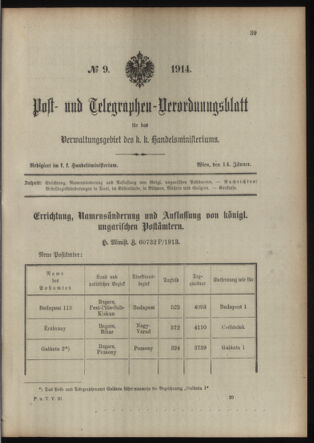 Post- und Telegraphen-Verordnungsblatt für das Verwaltungsgebiet des K.-K. Handelsministeriums 19140114 Seite: 1