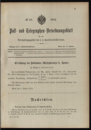 Post- und Telegraphen-Verordnungsblatt für das Verwaltungsgebiet des K.-K. Handelsministeriums 19140115 Seite: 1