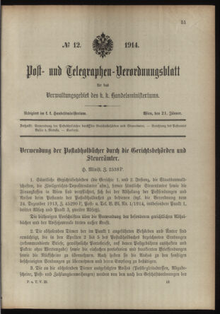 Post- und Telegraphen-Verordnungsblatt für das Verwaltungsgebiet des K.-K. Handelsministeriums 19140121 Seite: 1