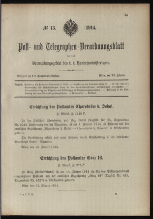 Post- und Telegraphen-Verordnungsblatt für das Verwaltungsgebiet des K.-K. Handelsministeriums 19140122 Seite: 1