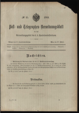 Post- und Telegraphen-Verordnungsblatt für das Verwaltungsgebiet des K.-K. Handelsministeriums 19140127 Seite: 1