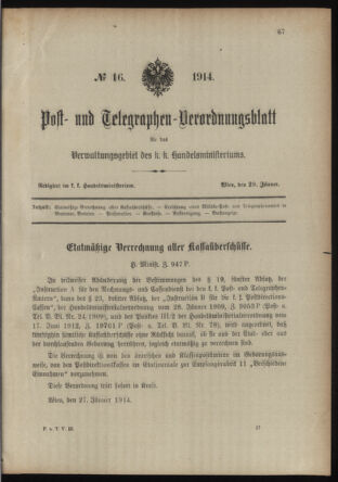 Post- und Telegraphen-Verordnungsblatt für das Verwaltungsgebiet des K.-K. Handelsministeriums 19140129 Seite: 1