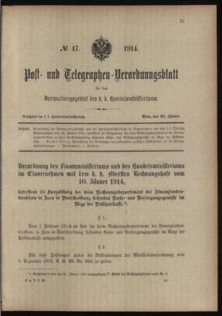 Post- und Telegraphen-Verordnungsblatt für das Verwaltungsgebiet des K.-K. Handelsministeriums 19140130 Seite: 1