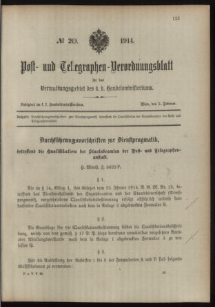 Post- und Telegraphen-Verordnungsblatt für das Verwaltungsgebiet des K.-K. Handelsministeriums 19140205 Seite: 1