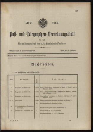 Post- und Telegraphen-Verordnungsblatt für das Verwaltungsgebiet des K.-K. Handelsministeriums 19140206 Seite: 1